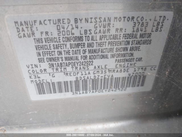 3N1AB7AP0EY242922 Nissan Sentra Fe+ S/fe+ Sv/s/sl/sr/sv