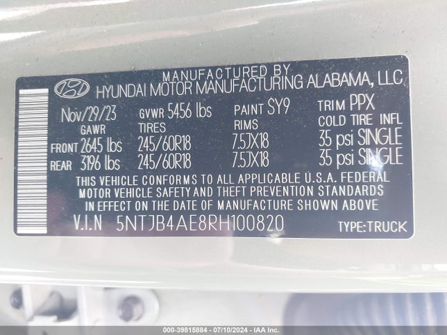 Продаж на аукціоні авто 2024 Hyundai Santa Cruz Sel, vin: 5NTJB4AE8RH100820, номер лоту: 39815884