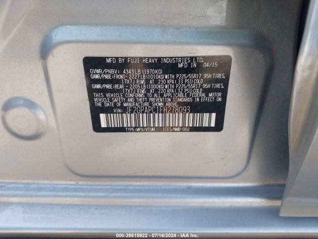 JF2GPAPC1FH278093 Subaru Xv Crosstrek 2.0i Limited