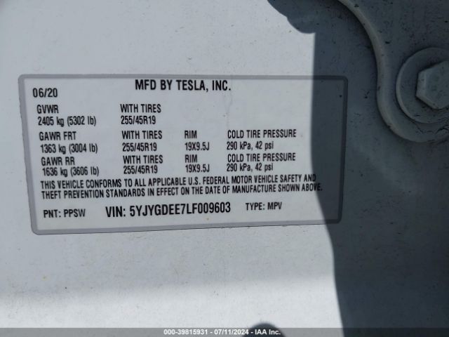 5YJYGDEE7LF009603 Tesla Model Y Long Range Dual Motor All-wheel Drive