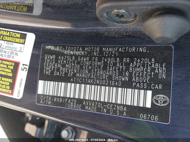 Toyota CAMRY LE 2022 4T1C11AK2NU021640 Image 9