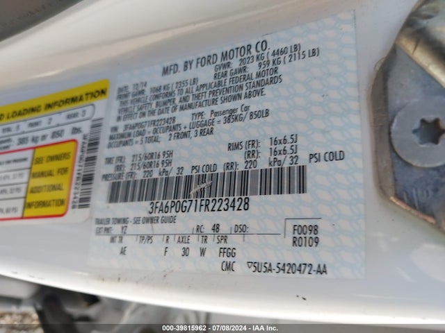 Ford FUSION S 2015 3FA6P0G71FR223428 Image 9