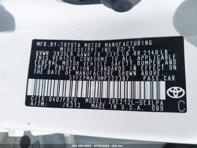Toyota COROLLA LE 2021 5YFEPMAE9MP222387 Image 9