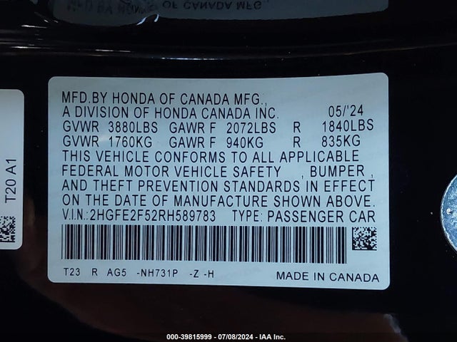Honda Civic Sport 2024 2HGFE2F52RH589783 Image 9