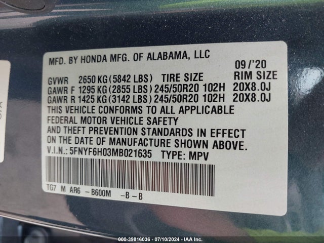 Honda Pilot Awd Elite 2021 5FNYF6H03MB021635 Image 9