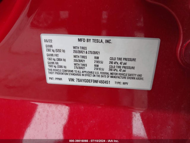 7SAYGDEF9NF460451 Tesla Model Y Performance Dual Motor All-wheel Drive
