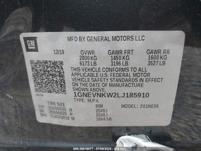 1GNEVNKW2LJ185910 Chevrolet Traverse Awd High Country