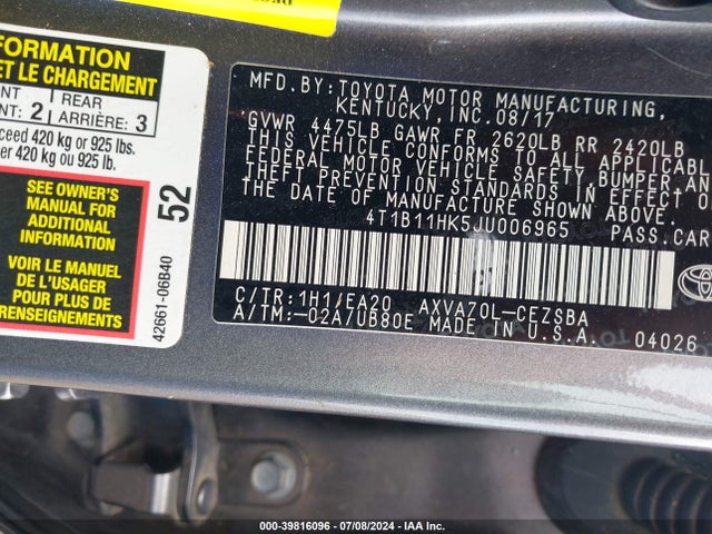 Toyota CAMRY SE 2018 4T1B11HK5JU006965 Image 9