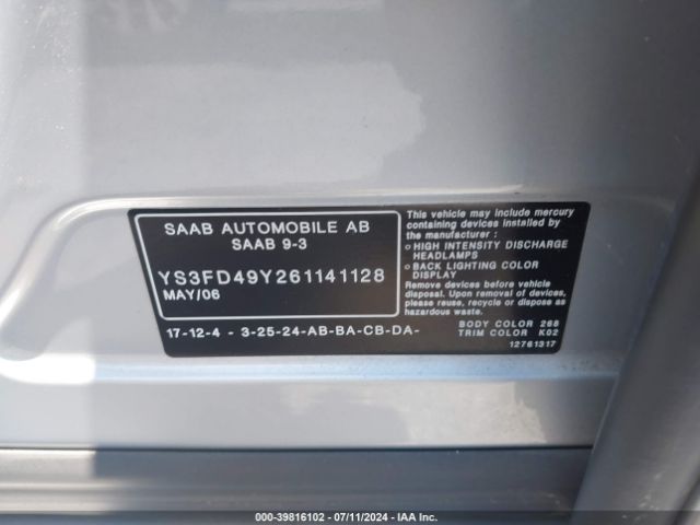 2006 SAAB 9-3 YS3FD49Y261141128 Photo 8