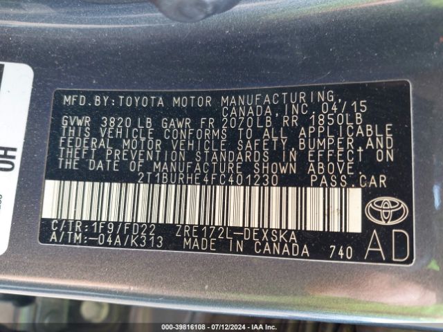 2T1BURHE4FC401230 Toyota Corolla S Plus