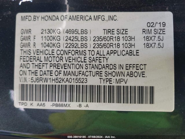 Honda CR-V EX 2019 5J6RW1H52KA015523 Image 9