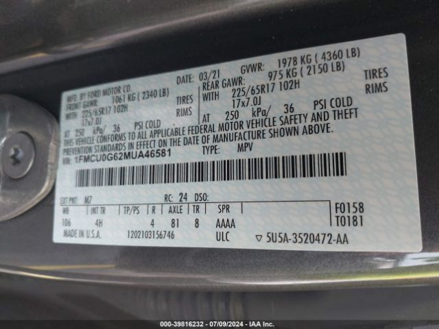 1FMCU0G62MUA46581 Ford Escape