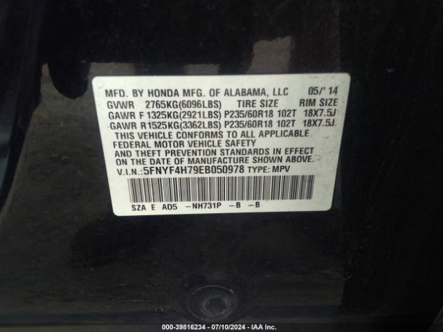 5FNYF4H79EB050978 Honda Pilot Ex-l