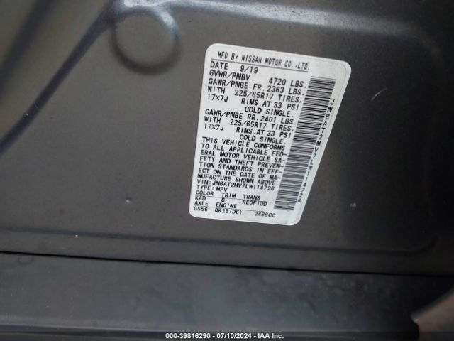 JN8AT2MV7LW114726 Nissan Rogue Sv Intelligent Awd