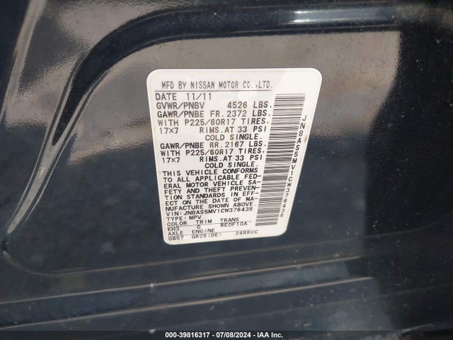 Aukcja sprzedaży 2012 Nissan Rogue Sv, vin: JN8AS5MV1CW376438, numer aukcji: 39816317