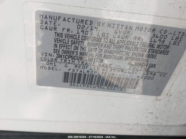 3N1CP5CU9KL501739 Nissan KICKS S