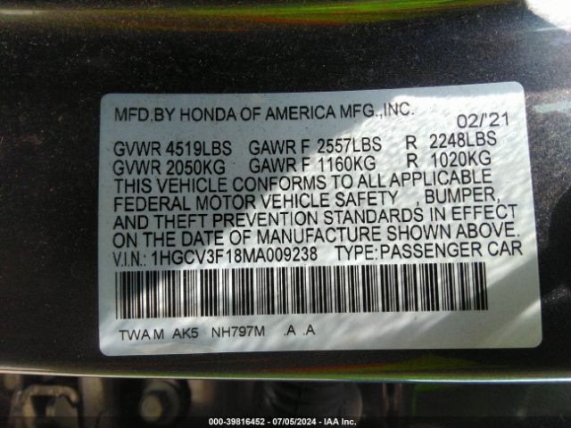 1HGCV3F18MA009238 Honda ACCORD HYBRID