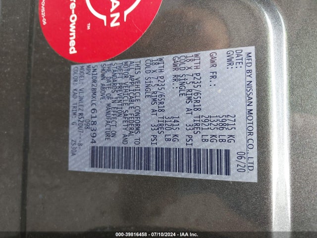 5N1DR2BMXLC618394 Nissan Pathfinder Sv 4wd