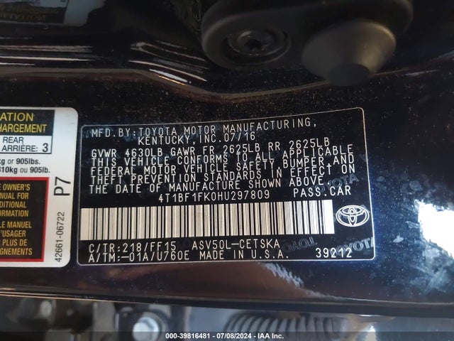 Toyota CAMRY SE 2017 4T1BF1FK0HU297809 Image 9