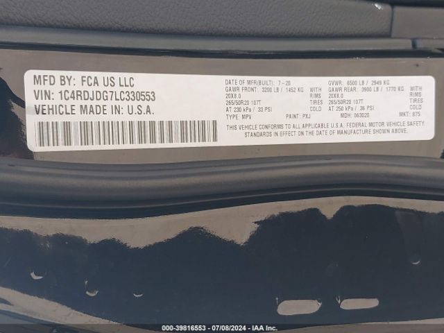 1C4RDJDG7LC330553 Dodge Durango Gt Awd