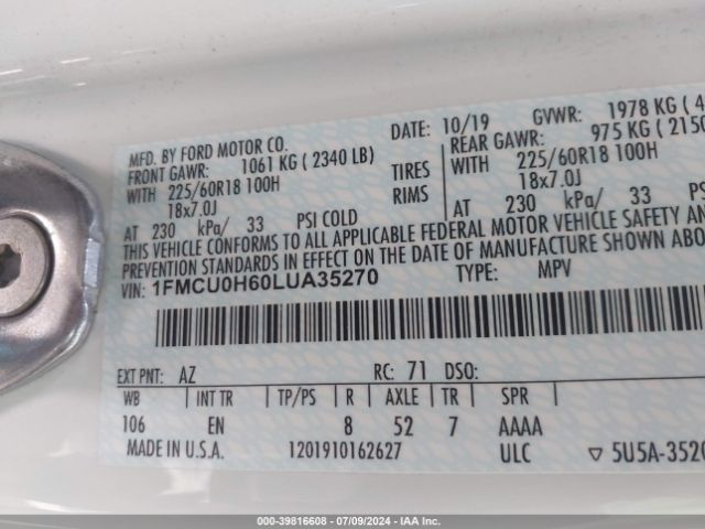 1FMCU0H60LUA35270 Ford ESCAPE SEL