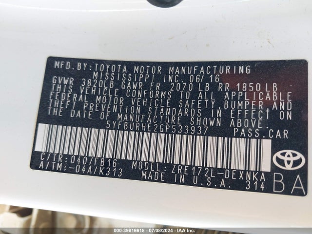 Toyota COROLLA LE 2016 5YFBURHE2GP533937 Image 9