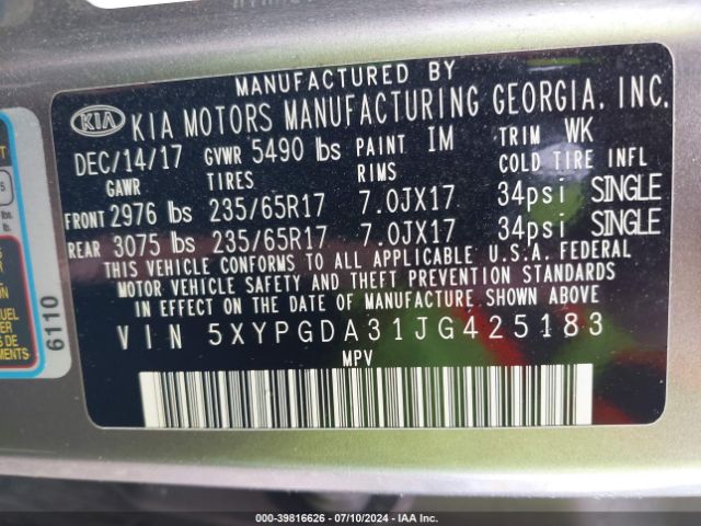 5XYPGDA31JG425183 KIA Sorento 2.4l Lx