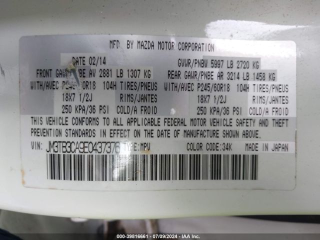 JM3TB3CA9E0437376 Mazda Cx-9 Touring