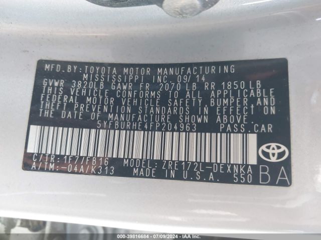 5YFBURHE4FP204963 Toyota Corolla Le Plus