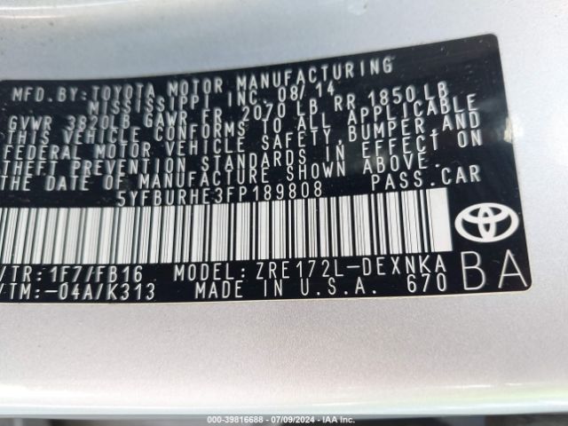 5YFBURHE3FP189808 Toyota Corolla Le Plus