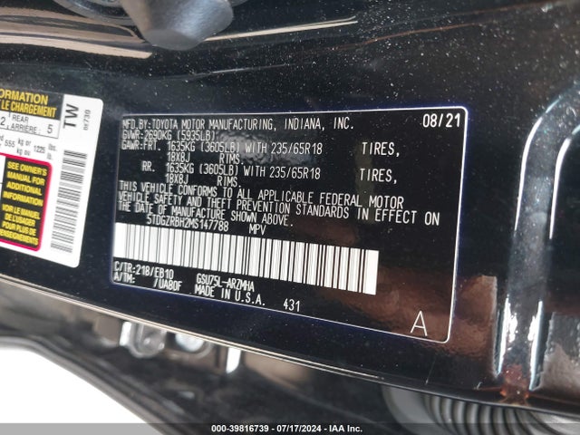 5TDGZRBH2MS147788 Toyota Highlander Xle
