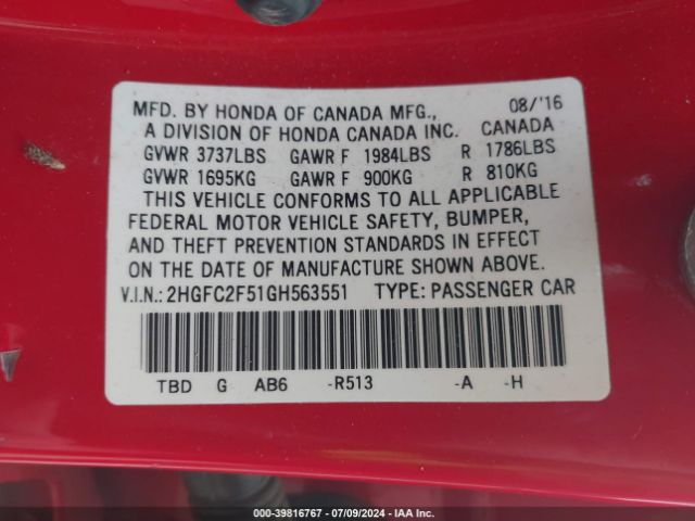 2HGFC2F51GH563551 Honda Civic Lx