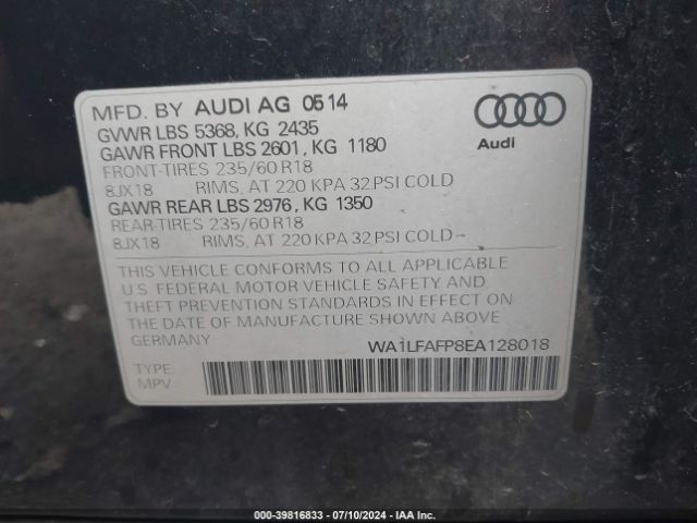 WA1LFAFP8EA128018 Audi Q5 2.0t Premium