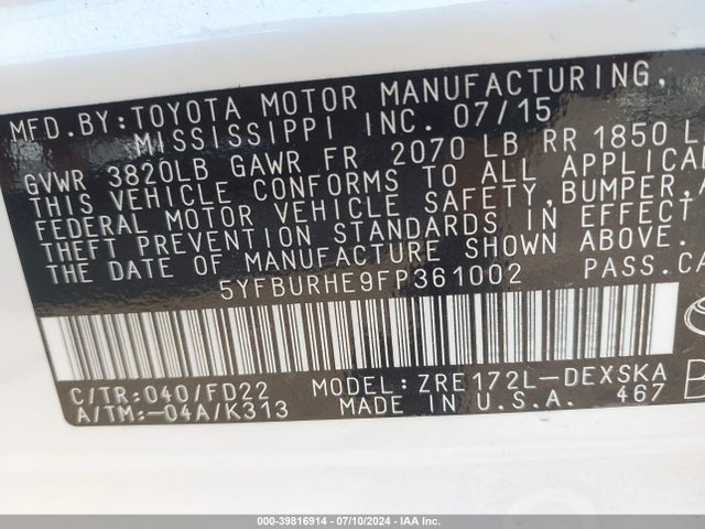 Toyota Corolla S Plus 2015 5YFBURHE9FP361002 Image 9