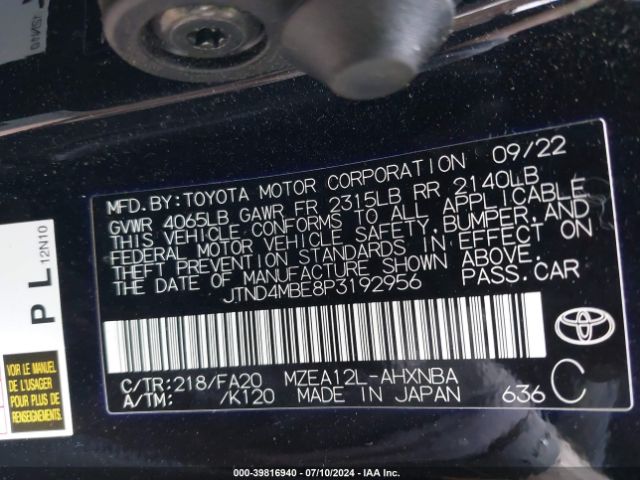 JTND4MBE8P3192956 Toyota COROLLA SE