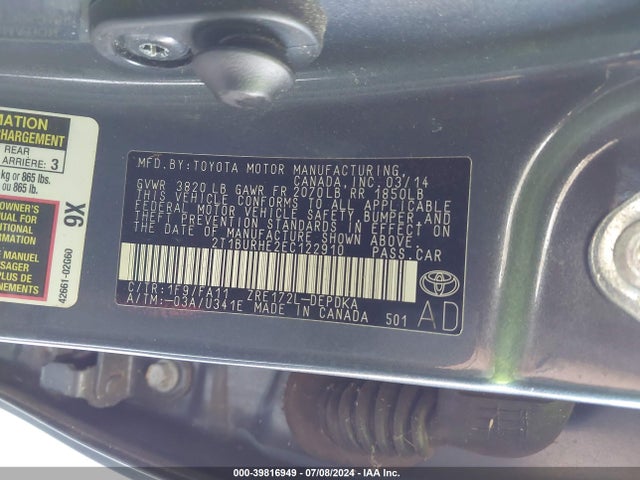 Toyota COROLLA L 2014 2T1BURHE2EC122910 Image 9