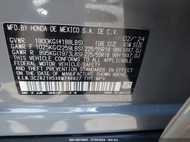 3CZRZ1H5XRM748827 Honda Hr-v 2wd Sport/2wd Sport W/o Bsi
