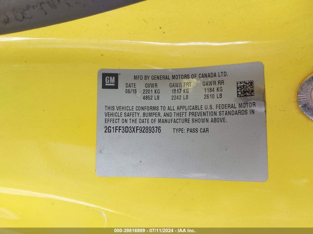 Chevrolet Camaro 2lt 2015 2G1FF3D3XF9289376 Image 9