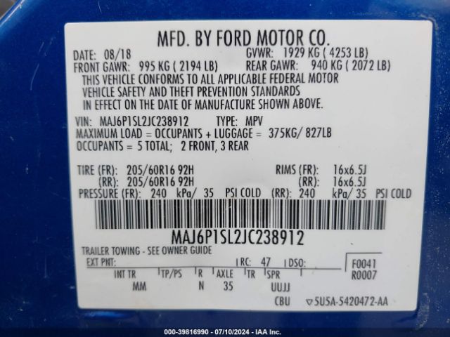 MAJ6P1SL2JC238912 Ford ECOSPORT S