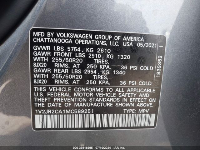 1V2JR2CA1MC589251 Volkswagen Atlas 3.6l V6 Se W/technology