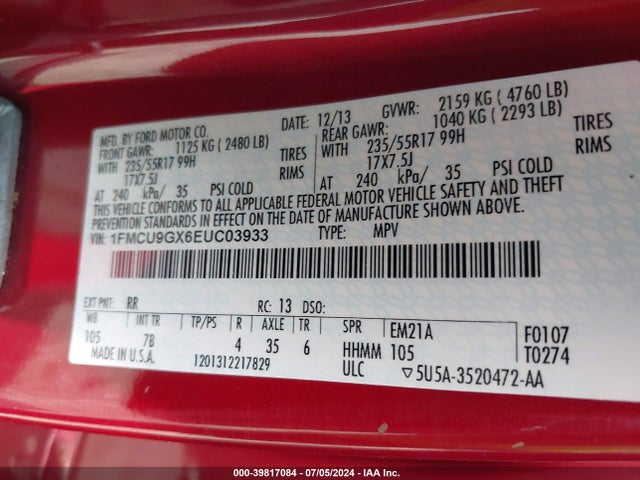 Ford ESCAPE SE 2014 1FMCU9GX6EUC03933 Image 9