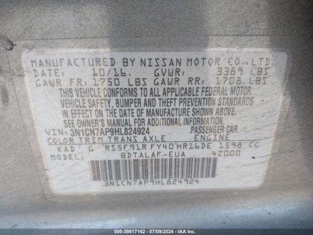 3N1CN7AP9HL824924 Nissan Versa 1.6 S