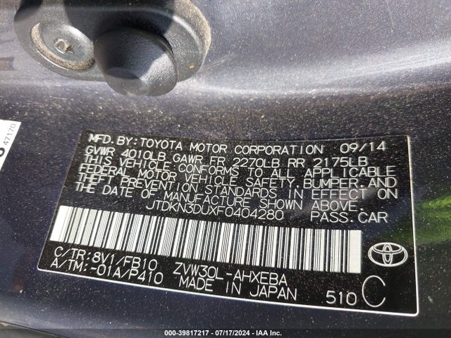 Toyota Prius Two 2015 JTDKN3DUXF0404280 Image 9