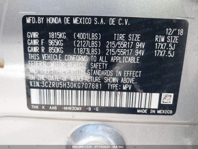 3CZRU5H30KG707681 Honda HR-V LX