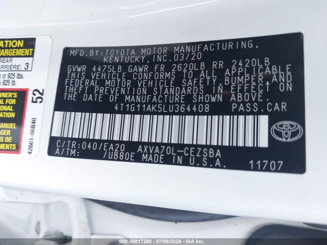 Toyota CAMRY SE 2020 4T1G11AK5LU364408 Image 9