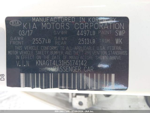 KNAGT4L31H5174142 KIA Optima Lx