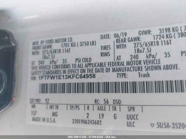 1FTFW1E13KFC64958 Ford F-150 Xlt