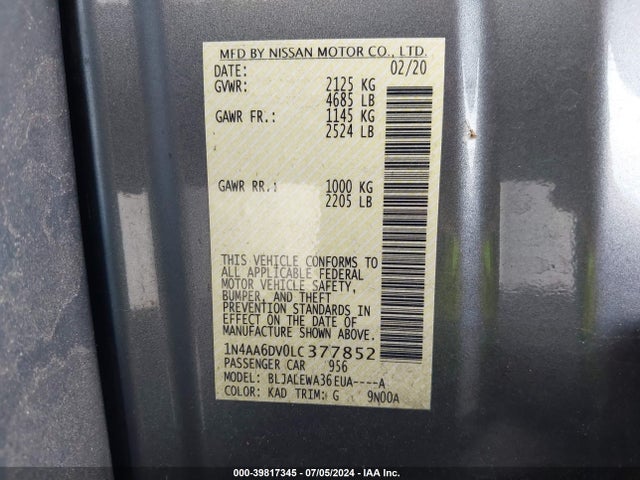 Nissan Maxima Sl Xtronic Cvt 2020 1N4AA6DV0LC377852 Image 9