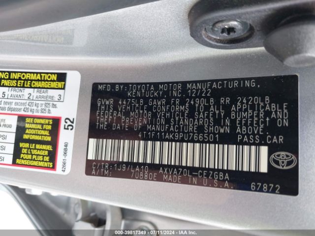 4T1F11AK9PU766501 Toyota CAMRY XLE