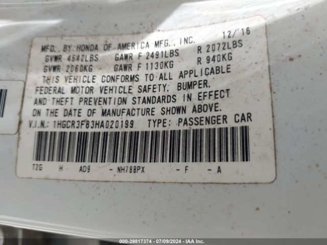 1HGCR3F83HA020199 Honda Accord Ex-l V6